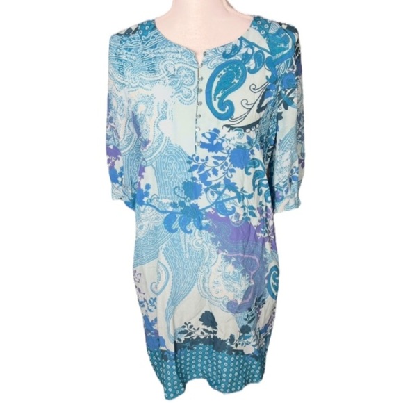 Robert Graham Dress Womens 4 Blue Silk Boho Coastal Artsy Abstract 3/4 Sleeve - Picture 3 of 6